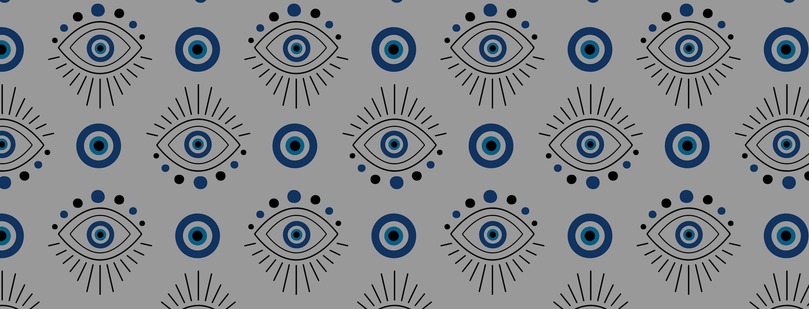 Pattern of stylized blue evil eyes and protective symbols used as a background for Ex Aurum's Evil Eye Jewelry collection