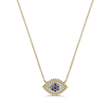 Load image into Gallery viewer, Pendant necklace, exquisitely handcrafted by Ex Aurum in Montreal, is made from 14K yellow gold and features a symbolic evil eye design. It&#39;s adorned with 0.11tcw of round brilliant diamonds and a 0.07ct round sapphire. This piece is said to offer protection and good luck.
