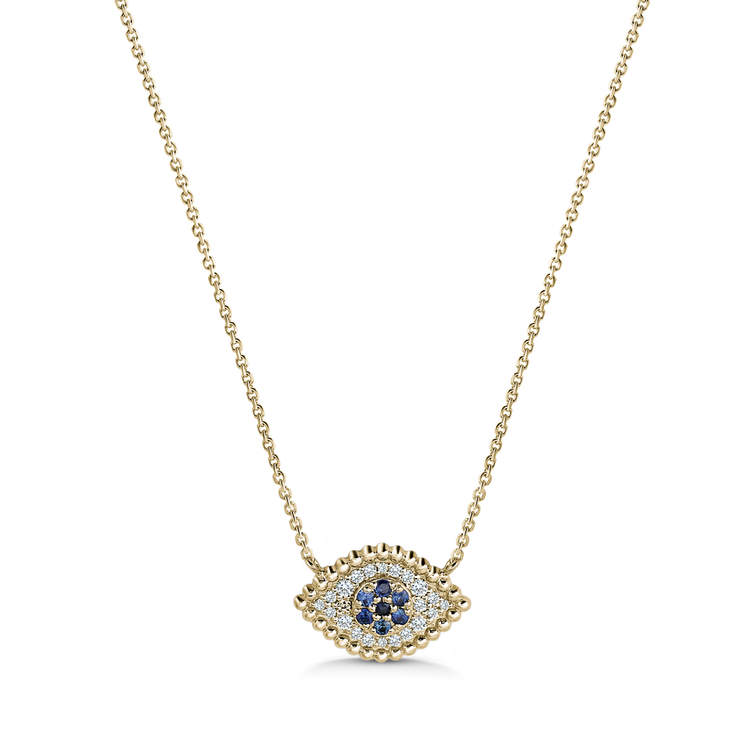 Pendant necklace, exquisitely handcrafted by Ex Aurum in Montreal, is made from 14K yellow gold and features a symbolic evil eye design. It's adorned with 0.11tcw of round brilliant diamonds and a 0.07ct round sapphire. This piece is said to offer protection and good luck.