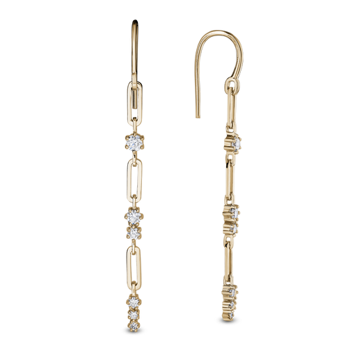 Elegant 14K yellow gold earrings with diamond sections tapering between lozenge-shaped links, featuring 12 round brilliant diamonds totaling approximately 0.33tcw, and a length of 2.25 inches, designed for effortless wear and dramatic appeal.
