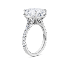 Load image into Gallery viewer, Exquisite platinum engagement ring featuring a 5ct Asscher cut lab diamond, VS1/F, in an eagle claw setting, with a split band and cathedral style silhouette, adorned with 0.39tcw of small round brilliant diamonds pavé set along the band, offering classic styling with Deco glamour.
