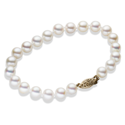 Elegant pearl bracelet with a 14K yellow gold filigree clasp, featuring 22 white pearls, each 6-6.5mm in diameter.