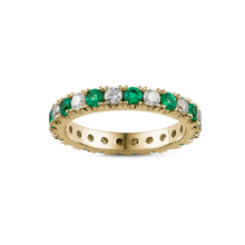Load image into Gallery viewer, 18K yellow gold ring featuring a seamless blend of 0.65tcw round cut emeralds and 0.72tcw diamonds in prong settings
