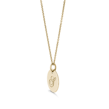 Load image into Gallery viewer, Unique double-sided 14K yellow gold pendant, featuring a script-styled initial on one side and a gemstone set in a diamond-cut star pattern on the reverse, measuring 15mm in diameter, accompanied by an 18&quot; adjustable chain.
