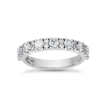 Load image into Gallery viewer, Sophisticated 18K white gold half eternity ring, featuring approximately 1.01tcw of round brilliant diamonds in prong settings, designed with a low profile for comfort.
