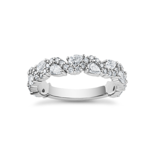Elegant 18K white gold semi-eternity band adorned with 11 pear-shaped diamonds totaling 0.53ct and 46 round brilliant diamonds totaling 0.23ct, VVS-VS clarity, covering three-quarters of the band.