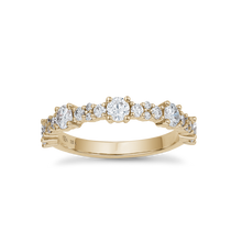 Load image into Gallery viewer, Elegant 18K yellow gold band featuring 21 round brilliant diamonds totaling approximately 0.75tcw in a fine prong setting, adorning the top half of the band.
