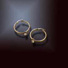 Load image into Gallery viewer, Versatile 14K yellow gold 19mm hoop earrings with detachable 0.10ct lab-diamond droplets, offering a transition from essential to elegant style, featuring bezel-set round brilliant lab diamonds totaling 0.20tcw.
