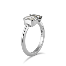 Load image into Gallery viewer, Unique engagement ring in 18K white gold, featuring a 0.73pt salt &amp; pepper oval diamond alongside a 62pt cushion lab diamond, combining delicacy with strength for a balanced and ethereal appearance.
