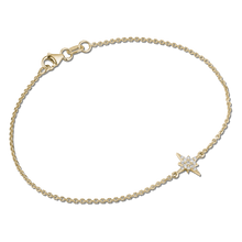 Load image into Gallery viewer, Elegant bracelet in 18K yellow gold, featuring a 7x7mm star-shaped motif with pavé-set diamonds totaling 0.06tcw, on a 6.75&quot; chain with a lobster clasp, symbolizing dawn&#39;s grace.
