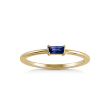 Load image into Gallery viewer, Elegant ring in 18K yellow gold, featuring a 0.15ct emerald-cut sapphire in a prong setting, set on a low and lean band.
