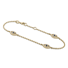 Load image into Gallery viewer, Intricate bracelet in 14K yellow gold, showcasing three evil eye motifs with 0.25tcw sapphires and 0.81tcw diamonds, on a 7&quot; adjustable cable chain, embodying protection and good luck symbols.
