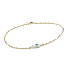 Load image into Gallery viewer, Unique 18K yellow gold bracelet featuring a double-sided evil eye design with mother of pearl, turquoise iris, and black agate pupil, measuring 7.75 inches, crafted by Ex Aurum in Montreal.

