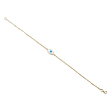 Load image into Gallery viewer, Unique 18K yellow gold bracelet featuring a double-sided evil eye design with mother of pearl, turquoise iris, and black agate pupil, measuring 7.75 inches, crafted by Ex Aurum in Montreal.
