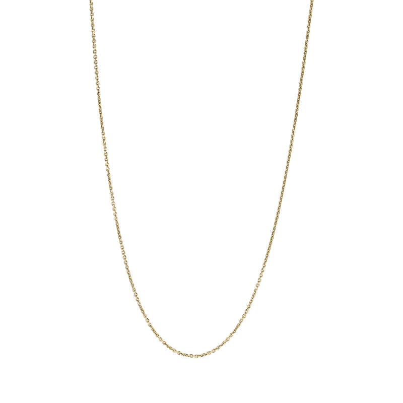 Delicate 18K yellow gold cable chain necklace, Italian-made, 1.3mm wide and 17 inches long, featuring a diamond-cut design for a subtle sparkle, ideal for pendants or solo wear.