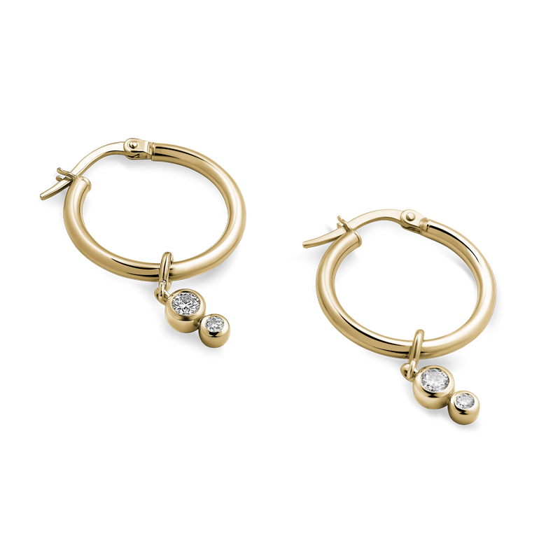Elegant 18K yellow gold hoop earrings, 14mm in diameter, featuring detachable bezel-set diamond drops totaling 0.26ctw, offering versatile style options.