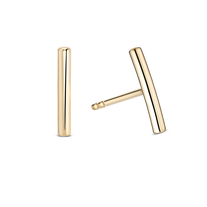 Minimalist 18K yellow gold bar earrings, featuring high polished 10mm x 1.5mm rounded bars with a sleek design, offering an uncomplicated and versatile style for everyday wear.