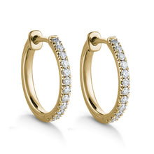 Load image into Gallery viewer, Chic diamond hugger earrings in 18K yellow gold, measuring 14x13mm and 2mm wide, adorned with 24 diamonds totaling approximately 0.24tcw. Available in various sizes.
