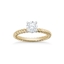 Load image into Gallery viewer, Exquisite ring in 18K yellow and white gold, featuring a 0.62ct round brilliant diamond in a four-prong white gold setting, with a uniquely twisted yellow gold band.
