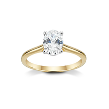 Load image into Gallery viewer, Elegant engagement ring in 18K yellow gold with a white gold setting, featuring a 1ct oval diamond in a four claw setting, designed to elongate the hand.
