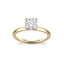Load image into Gallery viewer, Elegant 14K yellow gold engagement ring, featuring a 1ct round brilliant diamond in a four-claw setting, with a gracefully tapering band, evoking the image of a delicately clasped bouquet, handcrafted in Montreal.
