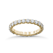 Load image into Gallery viewer, Exquisite full eternity ring in 18K yellow gold, featuring 1.44tcw of round brilliant diamonds, each 0.06ct, set in a unique scalloped gallery style with shared claw settings, blending tradition with modern design.
