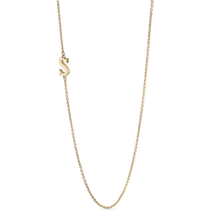 Load image into Gallery viewer, Elegant 18K yellow gold necklace featuring a side-set initial &#39;S&#39; pendant, representing a personal or meaningful symbol, on a 16&quot; chain, offering a unique and gleaming expression of individuality.
