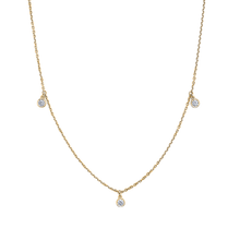 Load image into Gallery viewer, Elegant &#39;Droplets&#39; necklace in 14K white gold, featuring three bezel-set dangling diamonds totaling approximately 0.18tcw, with a 16-18&quot; adjustable chain, perfect for delicate solo wear or layered styling.

