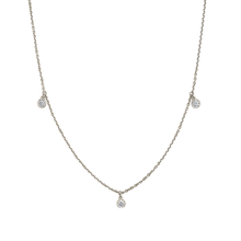 Load image into Gallery viewer, Elegant &#39;Droplets&#39; necklace in 14K white gold, featuring three bezel-set dangling diamonds totaling approximately 0.18tcw, with a 16-18&quot; adjustable chain, perfect for delicate solo wear or layered styling.
