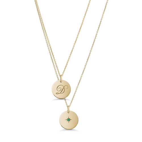 Unique double-sided 14K yellow gold pendant, featuring a script-styled initial on one side and a gemstone set in a diamond-cut star pattern on the reverse, measuring 15mm in diameter, accompanied by an 18