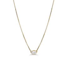 Load image into Gallery viewer, Elegant 14K yellow gold evil eye necklace, featuring a marquise cut diamond of approximately 0.83ct, set in a bezel setting, with an adjustable 16-18&quot; chain, symbolizing new beginnings and good luck.
