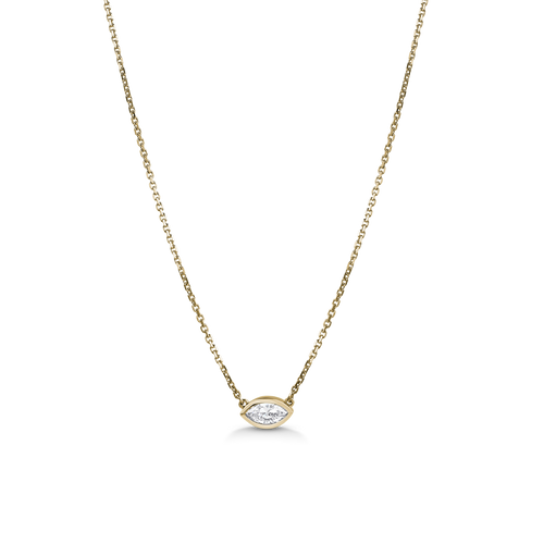 Elegant 14K yellow gold evil eye necklace, featuring a marquise cut diamond of approximately 0.83ct, set in a bezel setting, with an adjustable 16-18