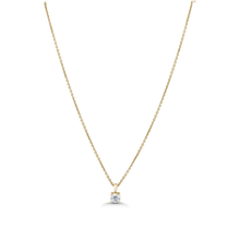 Load image into Gallery viewer, 18K yellow gold pendant featuring a gracefully tapering bail and a claw-set round brilliant diamond of about .42ct, on a 17&quot; chain, exemplifying classic elegance and handcrafted expertise by Ex Aurum in Montreal.
