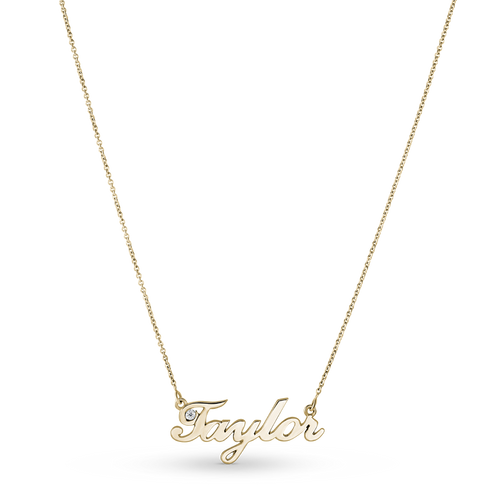 Customizable name necklace in solid 14K yellow gold, weighing approximately 3.5 grams, featuring a cursive name design with a 0.03ct round brilliant diamond accent, complemented by a sturdy cable chain.