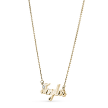 Load image into Gallery viewer, Customizable name necklace in solid 14K yellow gold, weighing approximately 3.5 grams, featuring a cursive name design with a 0.03ct round brilliant diamond accent, complemented by a sturdy cable chain.
