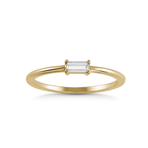 Elegant ring in 18K yellow gold, featuring a 0.14ct emerald cut diamond in a low, long claw setting, perfect for sleek and classic styling or creating unique stacking arrangements.
