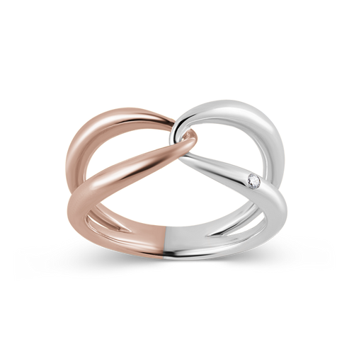 Charming ring in 14K two-tone rose and white gold, symbolizing an embrace, featuring a flush set 0.02ct diamond, combining luxury with a hint of sparkle, handcrafted in Canada by Ex Aurum.