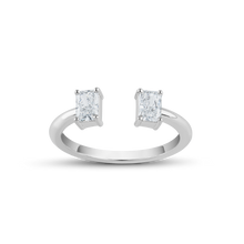 Load image into Gallery viewer, Contemporary ring in 18K white gold, featuring two parallel claw-set radiant laboratory diamonds totaling approximately 0.61tcw, symbolizing the union of two souls in a modern interpretation of a classic theme.
