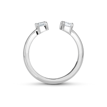 Load image into Gallery viewer, Contemporary ring in 18K white gold, featuring two parallel claw-set radiant laboratory diamonds totaling approximately 0.61tcw, symbolizing the union of two souls in a modern interpretation of a classic theme.
