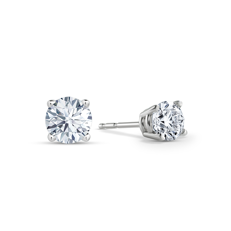 Classic stud earrings in 14K white gold, featuring two 0.50ct round brilliant diamonds totaling 1.00tcw, VS2 F color, with post and butterfly backs.