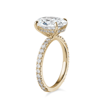 Load image into Gallery viewer, Luxurious engagement ring in 18K yellow gold, featuring a 3.09ct oval lab diamond (VS1 H) with a hidden pavé diamond halo and 0.55tcw of small round diamonds along the band, offering a blend of simplicity and detailed elegance.
