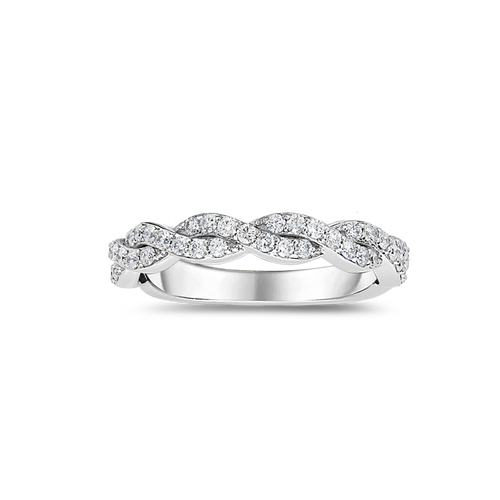 Exquisite wedding band in 18K white gold, featuring curved waves carrying 0.47ctw of round brilliant diamonds in a pavé setting, designed with scalloped edges for a perfect fit with solitaires.