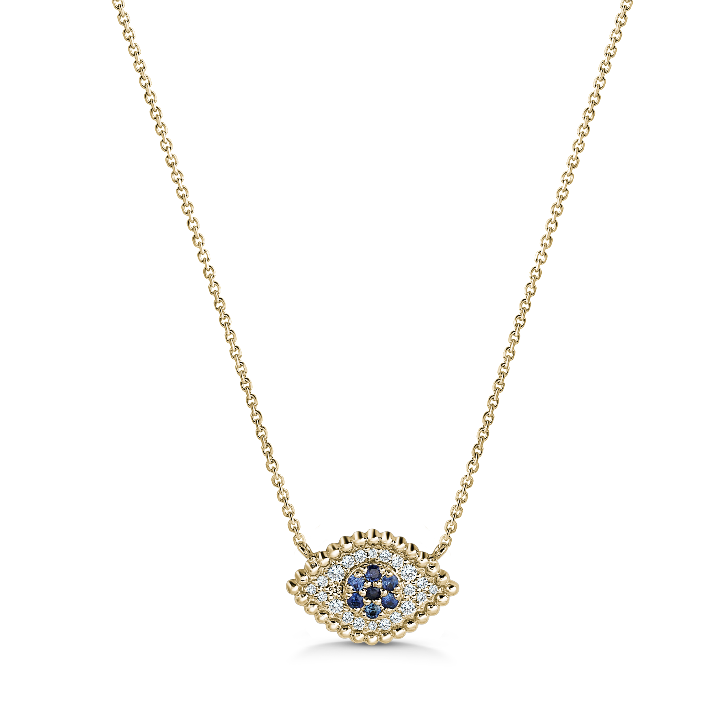 Pendant necklace, exquisitely handcrafted by Ex Aurum in Montreal, is made from 14K yellow gold and features a symbolic evil eye design. It's adorned with 0.11tcw of round brilliant diamonds and a 0.07ct round sapphire. This piece is said to offer protection and good luck.