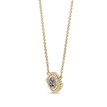 Load image into Gallery viewer, Pendant necklace, exquisitely handcrafted by Ex Aurum in Montreal, is made from 14K yellow gold and features a symbolic evil eye design. It&#39;s adorned with 0.11tcw of round brilliant diamonds and a 0.07ct round sapphire. This piece is said to offer protection and good luck.
