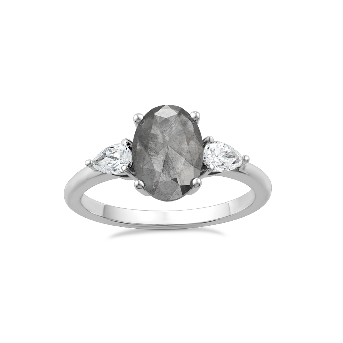  This unique engagement ring combines traditional and modern elements, featuring a 1.59ct oval salt & pepper diamond from the grey diamond family. It's accented by two pear-shaped diamonds totaling 0.32ct each, set in 18K white gold.