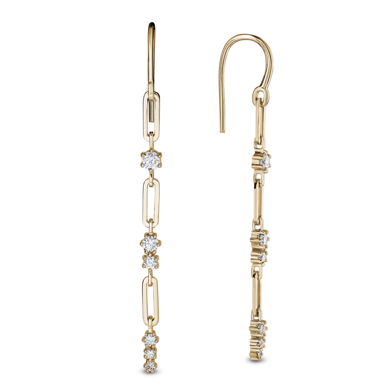 Elegant 14K yellow gold earrings with diamond sections tapering between lozenge-shaped links, featuring 12 round brilliant diamonds totaling approximately 0.33tcw, and a length of 2.25 inches, designed for effortless wear and dramatic appeal.