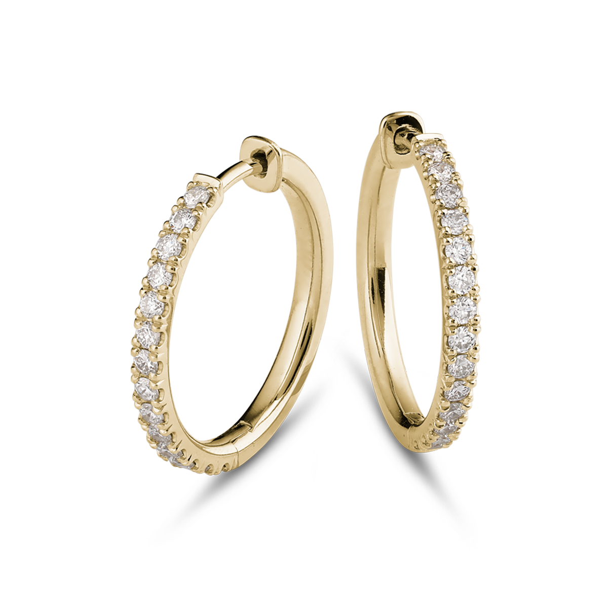 Stylish 18K yellow gold huggers, measuring 18mm in diameter and 2mm wide, featuring a solid strip of pavé diamonds totaling 0.42ct along the front, designed for comfort and reversible wear, handcrafted with love and attention to detail.