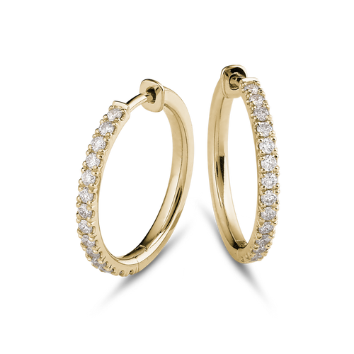 Stylish 18K yellow gold huggers, measuring 18mm in diameter and 2mm wide, featuring a solid strip of pavé diamonds totaling 0.42ct along the front, designed for comfort and reversible wear, handcrafted with love and attention to detail.