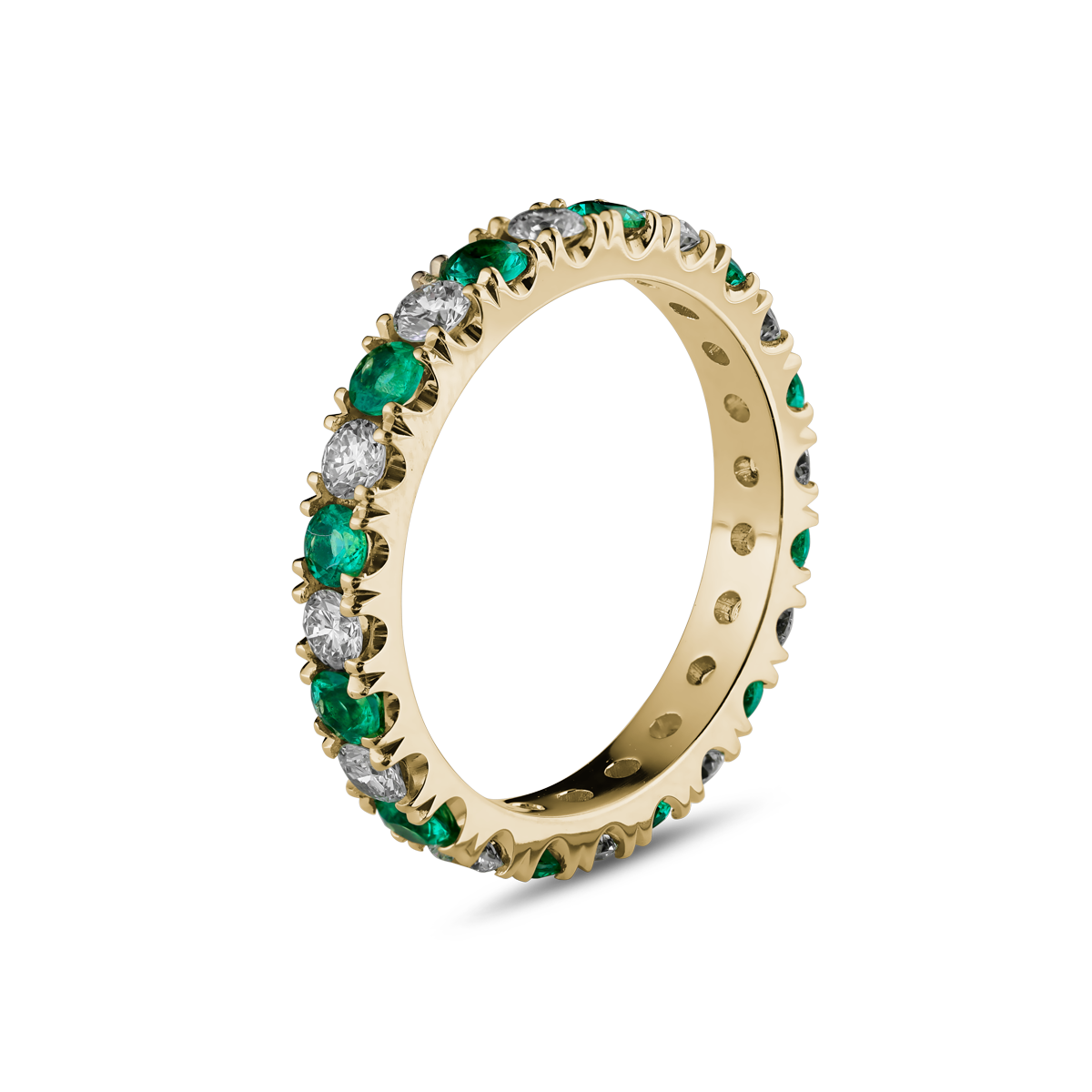 18K yellow gold ring featuring a seamless blend of 0.65tcw round cut emeralds and 0.72tcw diamonds in prong settings