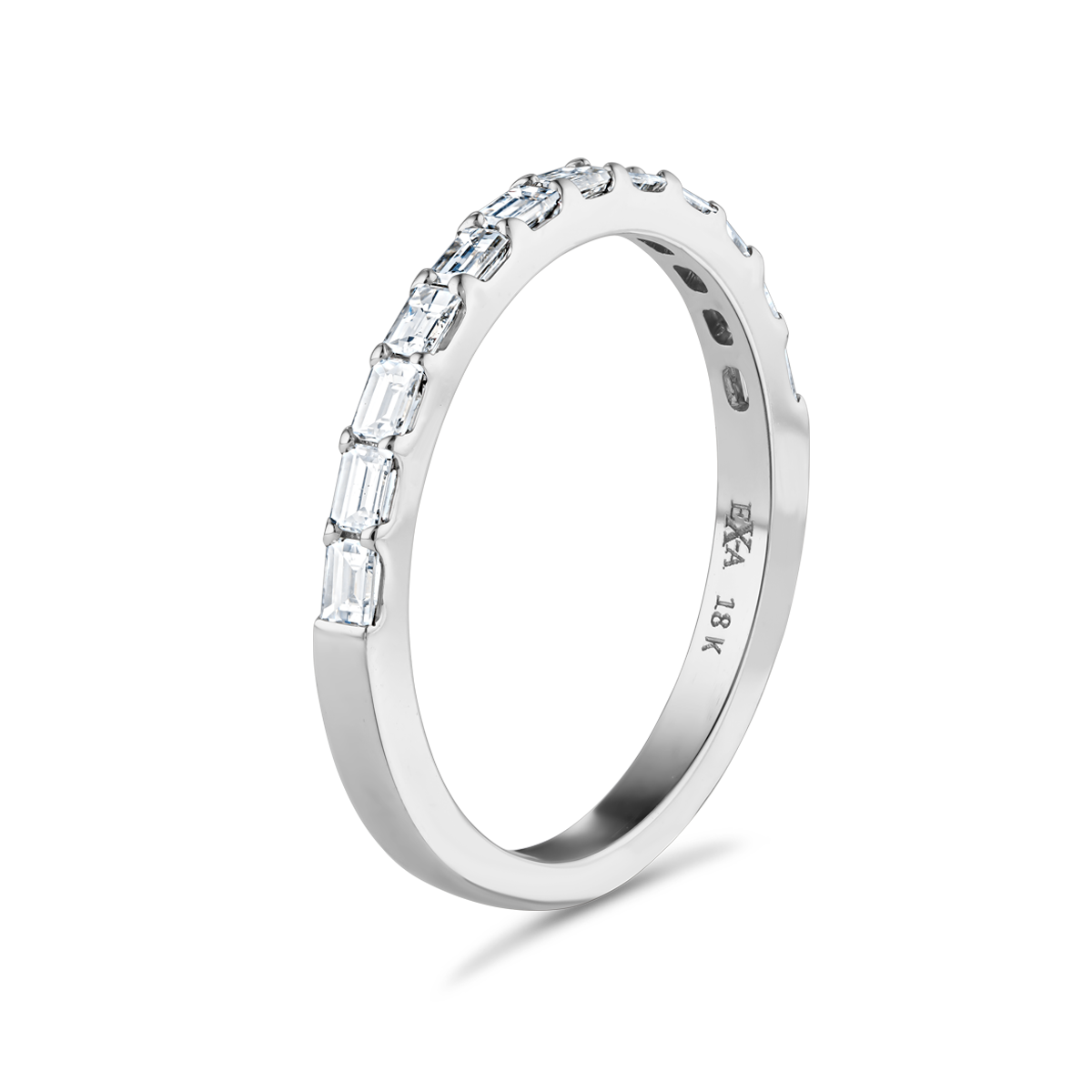 Elegant 18K white gold semi-eternity band, approximately 2.10gr, featuring 12 sleek baguette diamonds totaling an estimated 0.48tcw, designed for a sparkling and lean appearance.